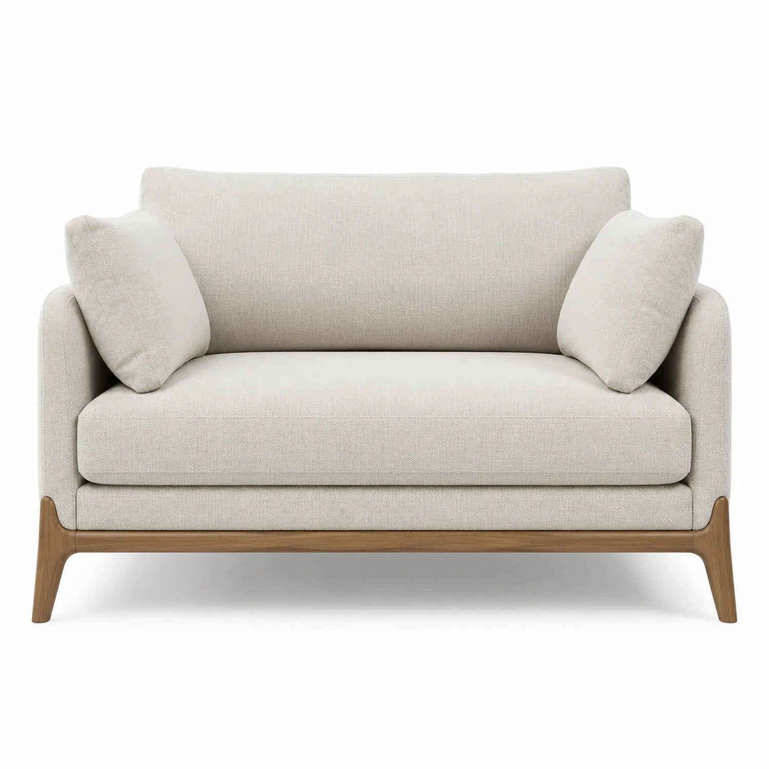 Sofa dwuosobowa z tkaniny lnianej i drewna, beżowa