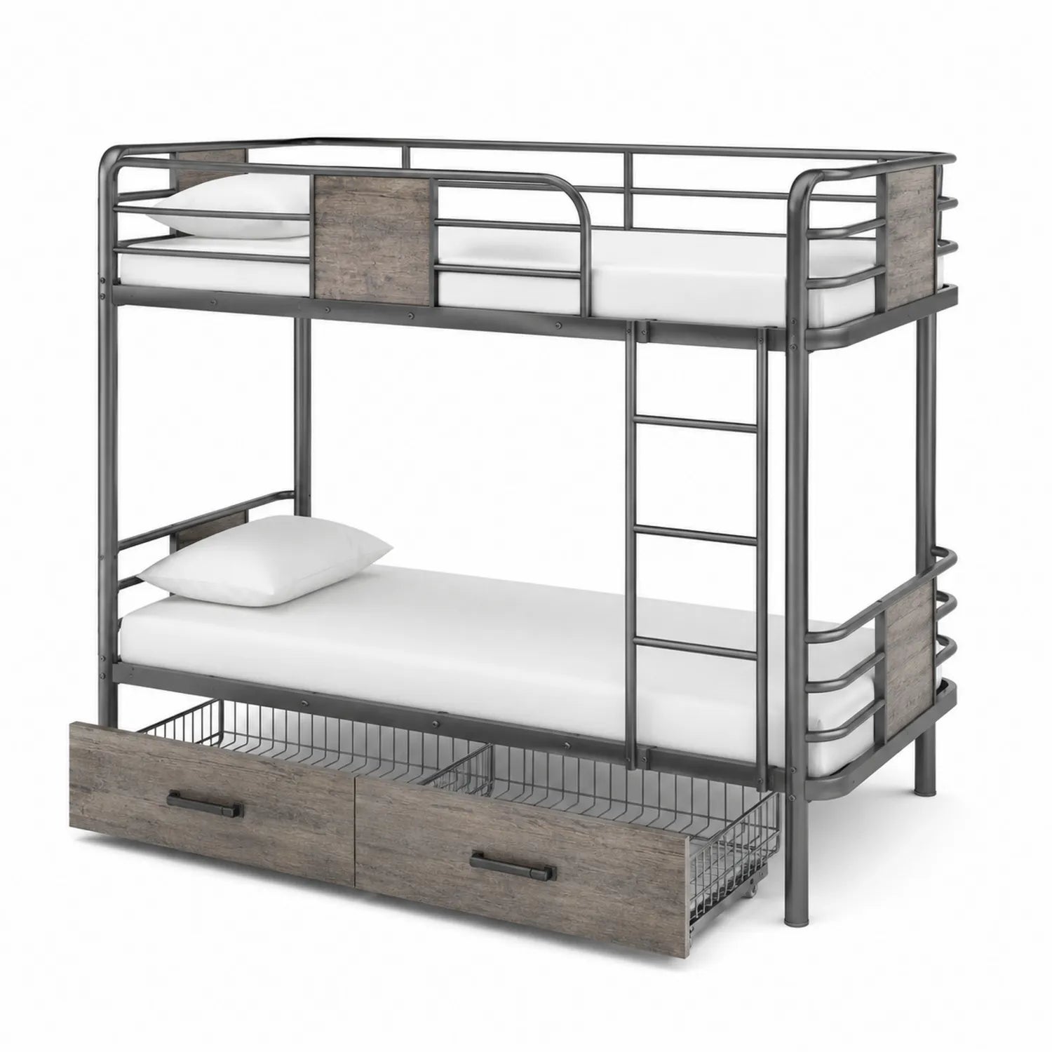 Metalowe łóżko piętrowe z szufladami stal i MDF szare/brązowe