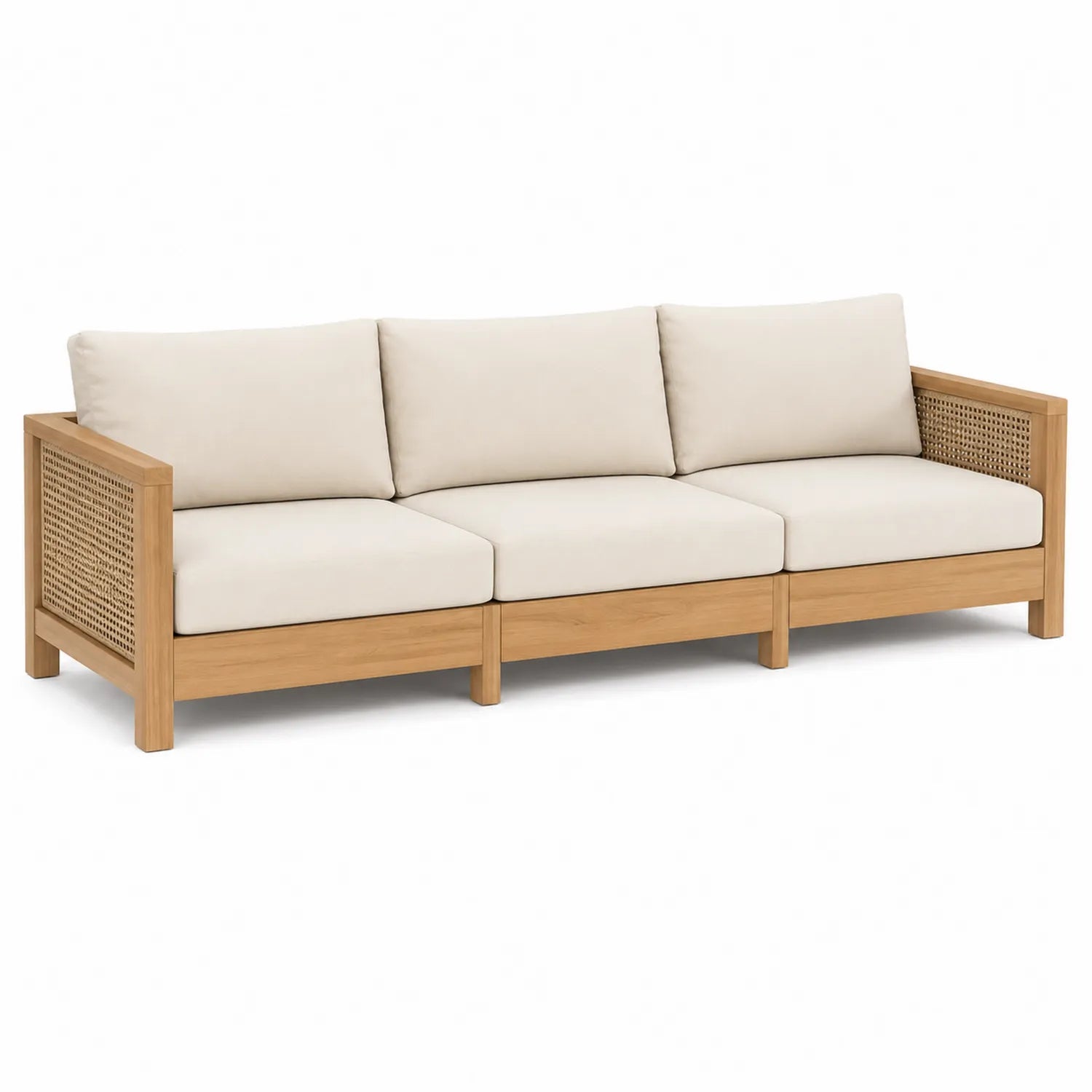Sofa ogrodowa z tekowego drewna z poduszkami z poliestru beżowa 3-osobowa