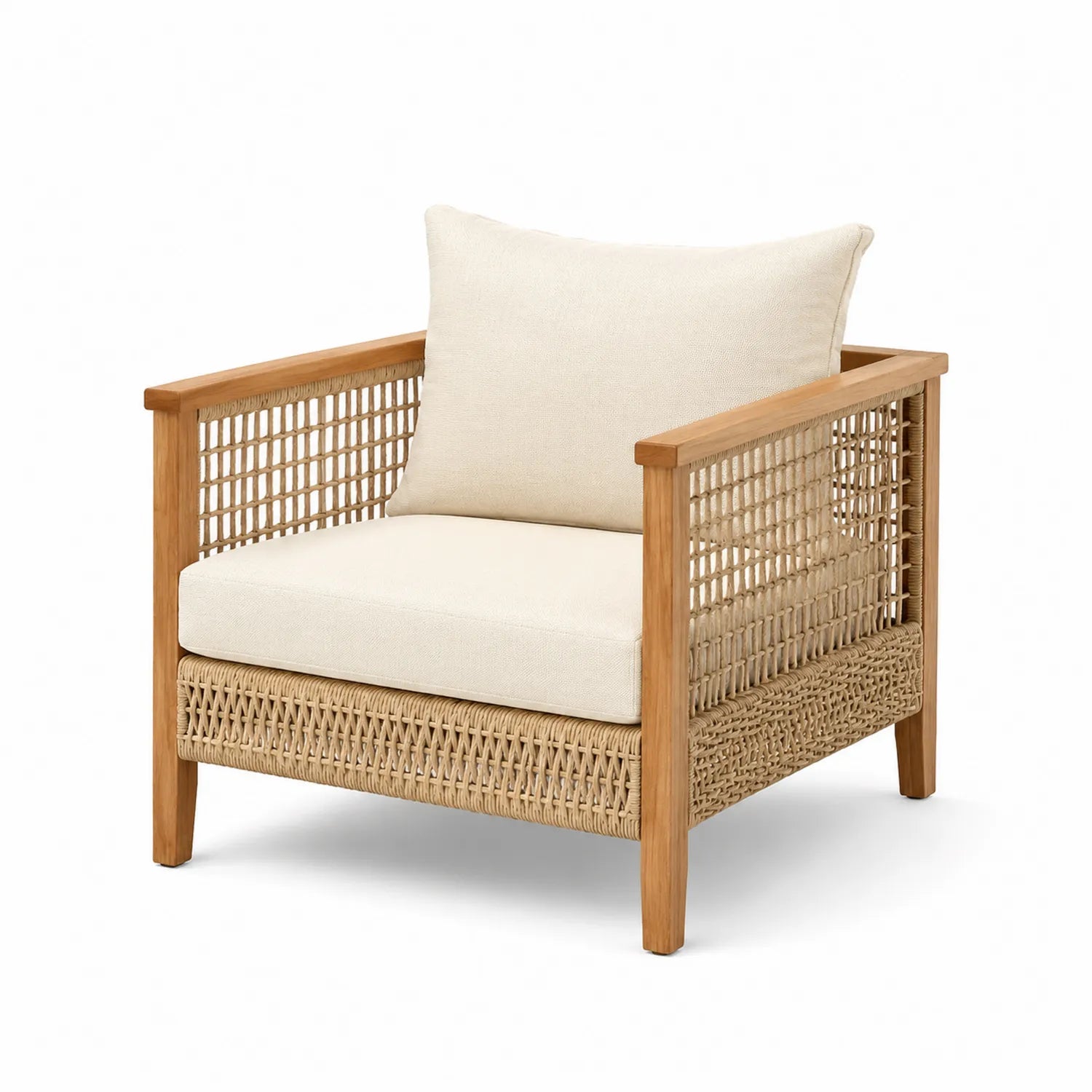Fotel z drewna teak z plecionką w kolorze beżowym